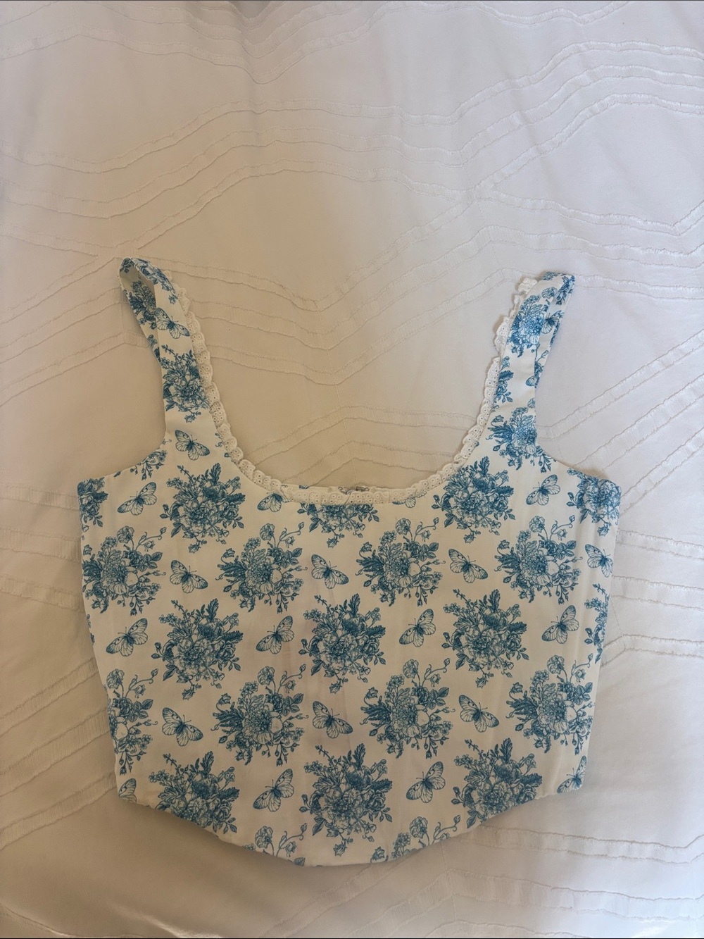 With Jean Floral Blue & White Corset Tank Top